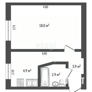 1-к квартира, вторичка, 30м2, 1/2 этаж