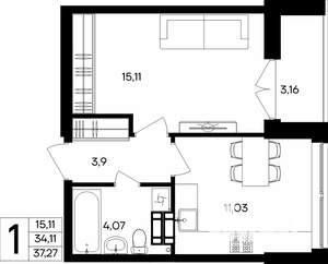 1-к квартира, строящийся дом, 37м2, 1/9 этаж