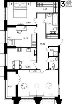 3-к квартира, строящийся дом, 91м2, 3/9 этаж