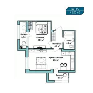 1-к квартира, вторичка, 48м2, 8/9 этаж