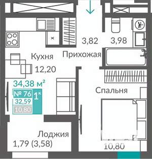 1-к квартира, вторичка, 33м2, 9/12 этаж