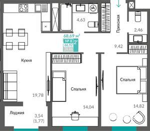 2-к квартира, строящийся дом, 67м2, 2/12 этаж