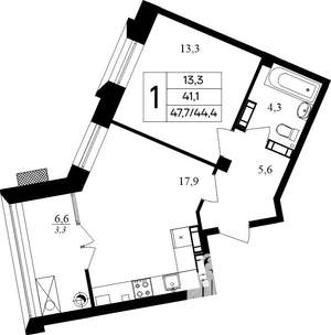 1-к квартира, строящийся дом, 48м2, 2/8 этаж