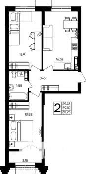 2-к квартира, строящийся дом, 62м2, 2/9 этаж