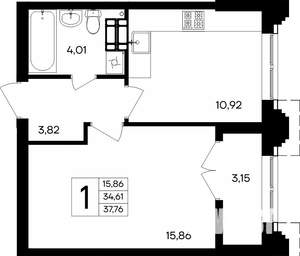 1-к квартира, строящийся дом, 38м2, 7/9 этаж