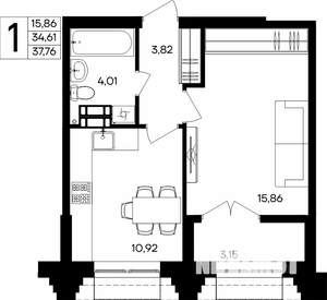 1-к квартира, строящийся дом, 38м2, 7/9 этаж