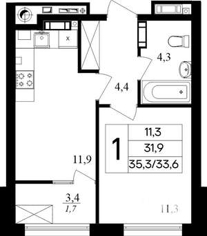 1-к квартира, строящийся дом, 35м2, 5/8 этаж