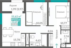 2-к квартира, строящийся дом, 54м2, 9/12 этаж