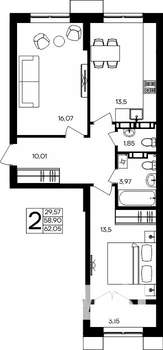 2-к квартира, строящийся дом, 62м2, 7/9 этаж