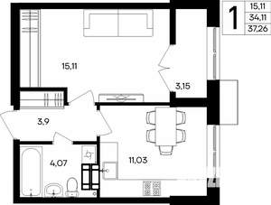 1-к квартира, строящийся дом, 37м2, 4/9 этаж