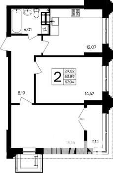 2-к квартира, строящийся дом, 57м2, 1/9 этаж