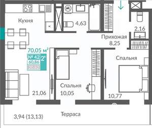 2-к квартира, строящийся дом, 61м2, 6/12 этаж