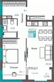 1-к квартира, строящийся дом, 50м2, 3/12 этаж