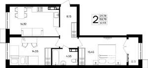2-к квартира, строящийся дом, 62м2, 5/9 этаж