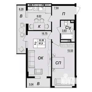2-к квартира, вторичка, 62м2, 8/10 этаж