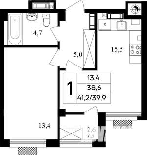 1-к квартира, строящийся дом, 41м2, 2/8 этаж