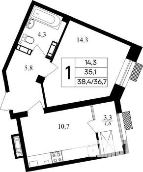 1-к квартира, строящийся дом, 38м2, 7/8 этаж