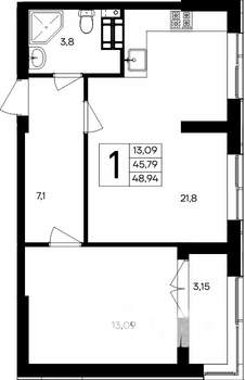 1-к квартира, вторичка, 49м2, 4/9 этаж