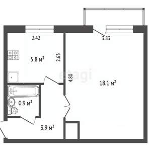 1-к квартира, вторичка, 29м2, 2/2 этаж