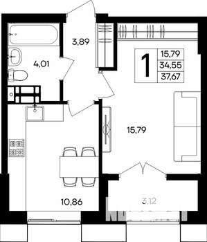 1-к квартира, строящийся дом, 38м2, 3/9 этаж