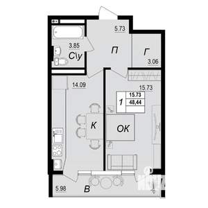 1-к квартира, вторичка, 48м2, 8/10 этаж