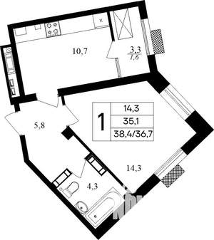 1-к квартира, строящийся дом, 38м2, 4/8 этаж