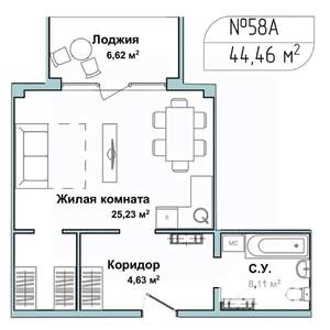 1-к квартира, вторичка, 44м2, 2/5 этаж