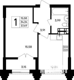 1-к квартира, строящийся дом, 37м2, 2/9 этаж