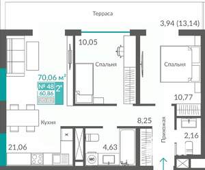 2-к квартира, строящийся дом, 61м2, 6/12 этаж