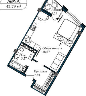 1-к квартира, вторичка, 44м2, 4/5 этаж