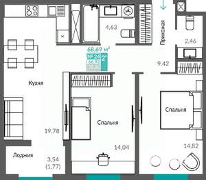2-к квартира, строящийся дом, 67м2, 4/12 этаж