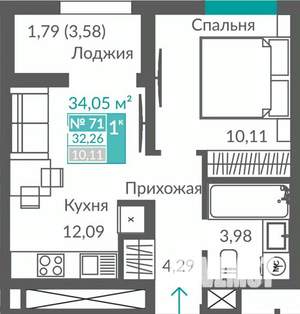1-к квартира, строящийся дом, 32м2, 9/12 этаж