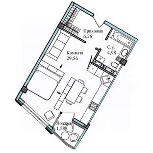 Студия квартира, вторичка, 44м2, 3/5 этаж