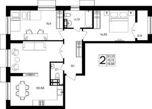 2-к квартира, строящийся дом, 79м2, 5/9 этаж