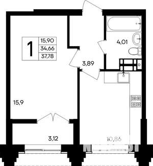 1-к квартира, строящийся дом, 37м2, 2/9 этаж