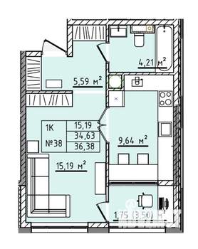 1-к квартира, строящийся дом, 36м2, 2/5 этаж