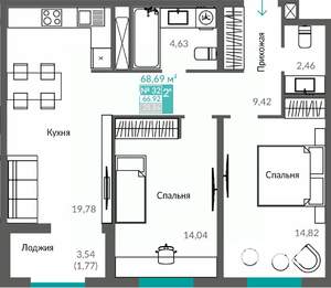 2-к квартира, строящийся дом, 67м2, 5/12 этаж